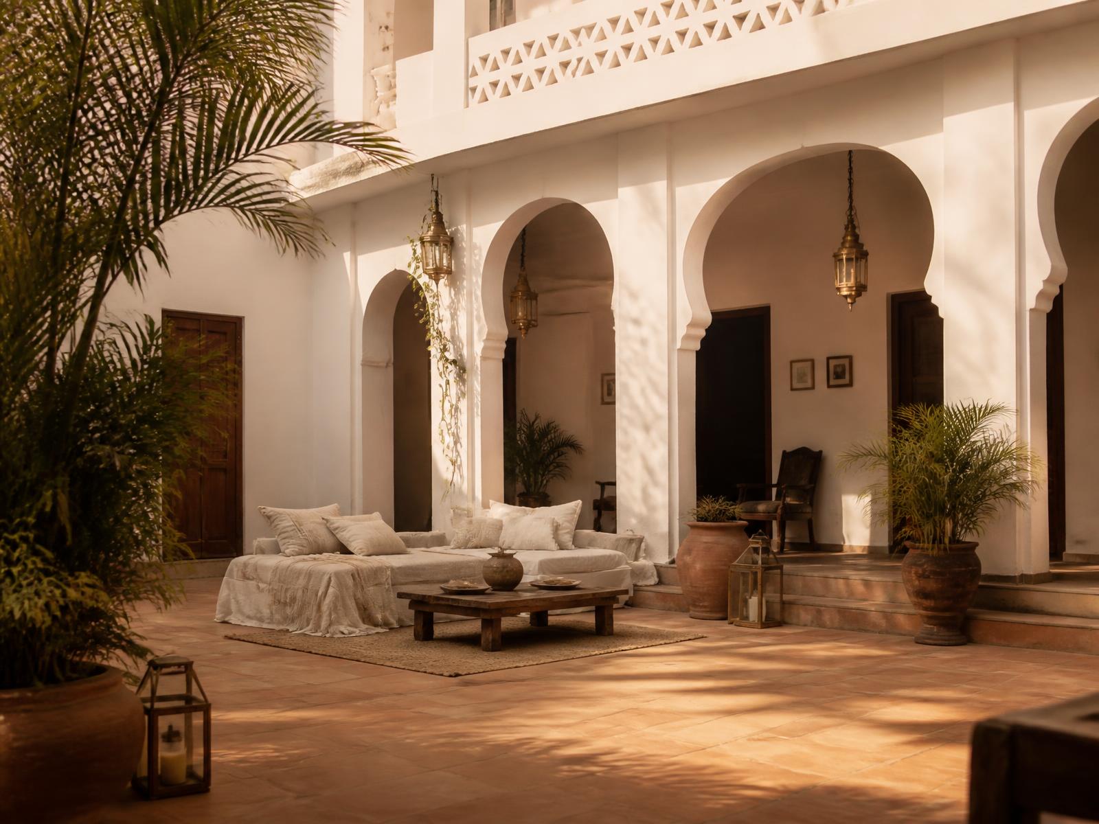 Sunlit courtyard of a boutique homestay with arches and terracotta floors